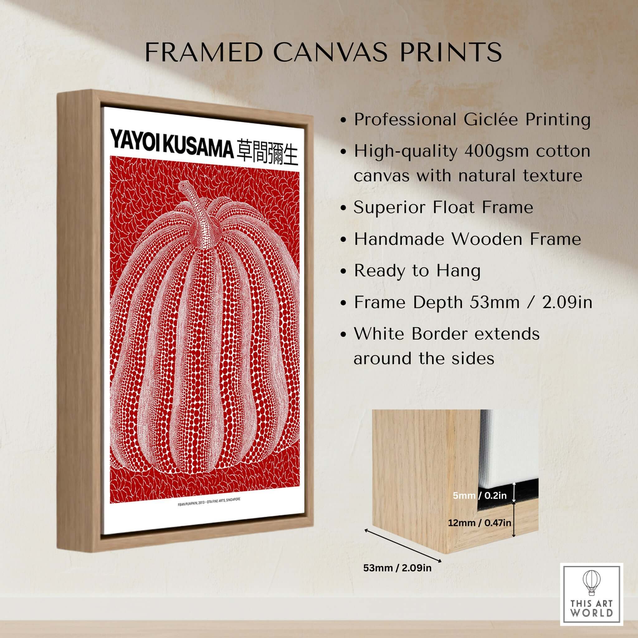 Yayoi Kusama Red White Pumpkin 2013 Singapore Exhibition Art Print Poster Polka Dot displayed in a framed canvas.