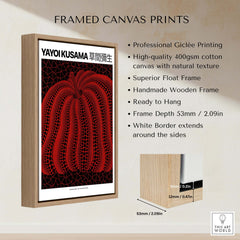 Yayoi Kusama Red Black Pumpkin 2000 Tokyo Exhibition Poster Polka Dot Art Print in a framed canvas format.
