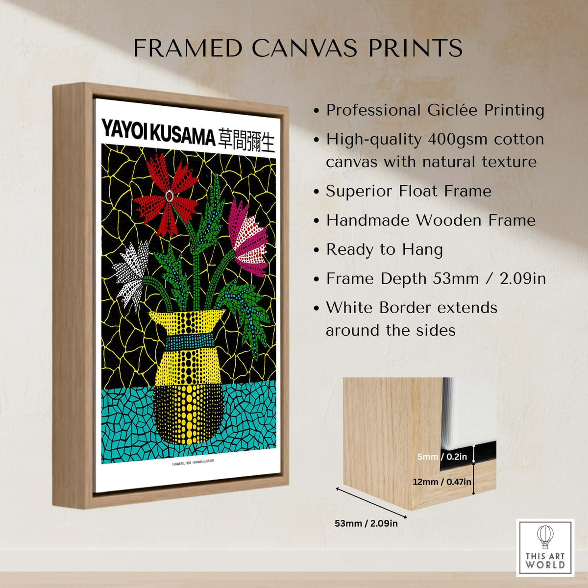Yayoi Kusama Flowers Vase 1996 Polka Dot Art Print Contemporary Japanese Poster framed with natural wood and white border.