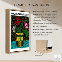 Yayoi Kusama Flowers Vase 1996 Polka Dot Art Print Contemporary Japanese Poster framed with natural wood and white border.
