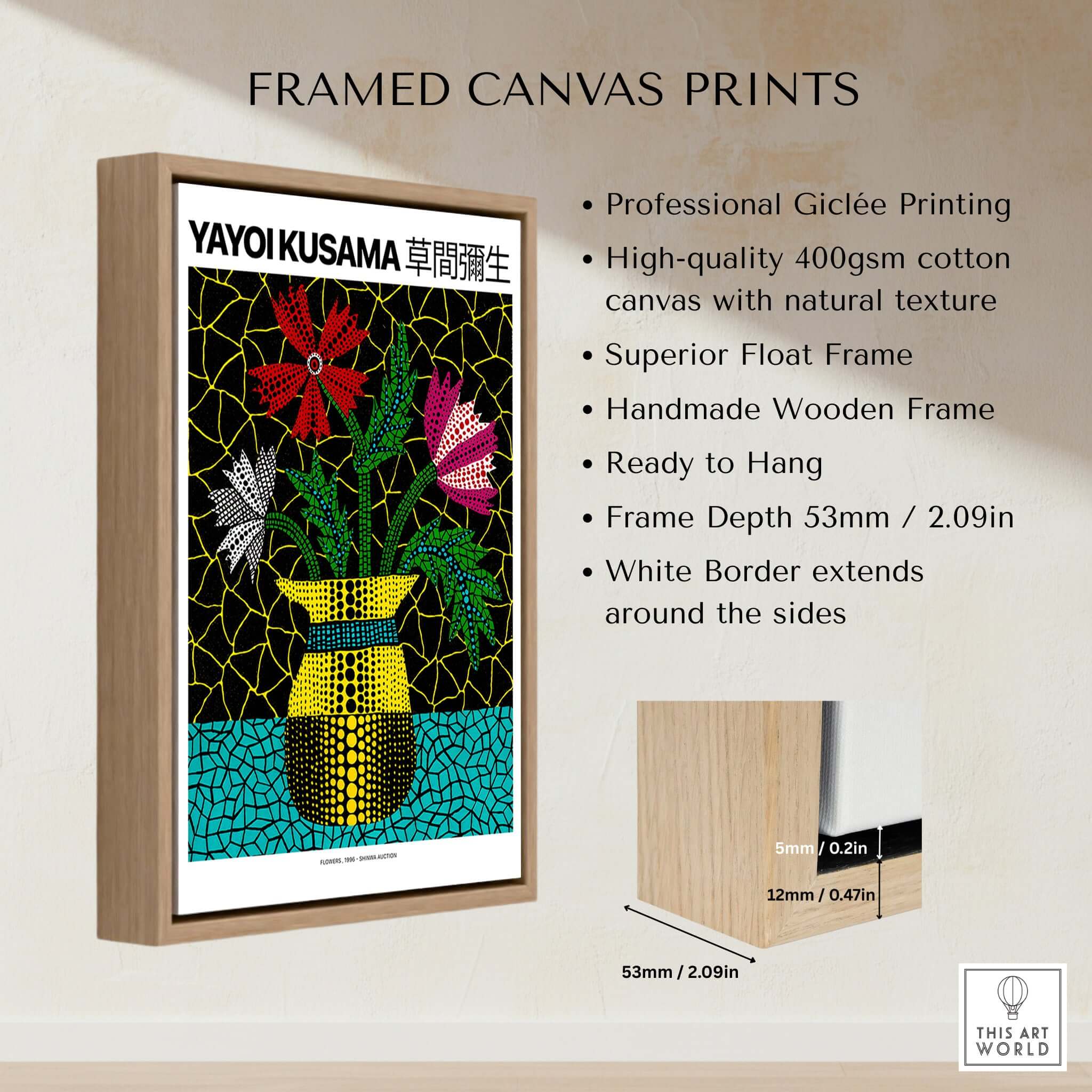 Yayoi Kusama Flowers Vase 1996 Polka Dot Art Print Contemporary Japanese Poster framed with natural wood and white border.