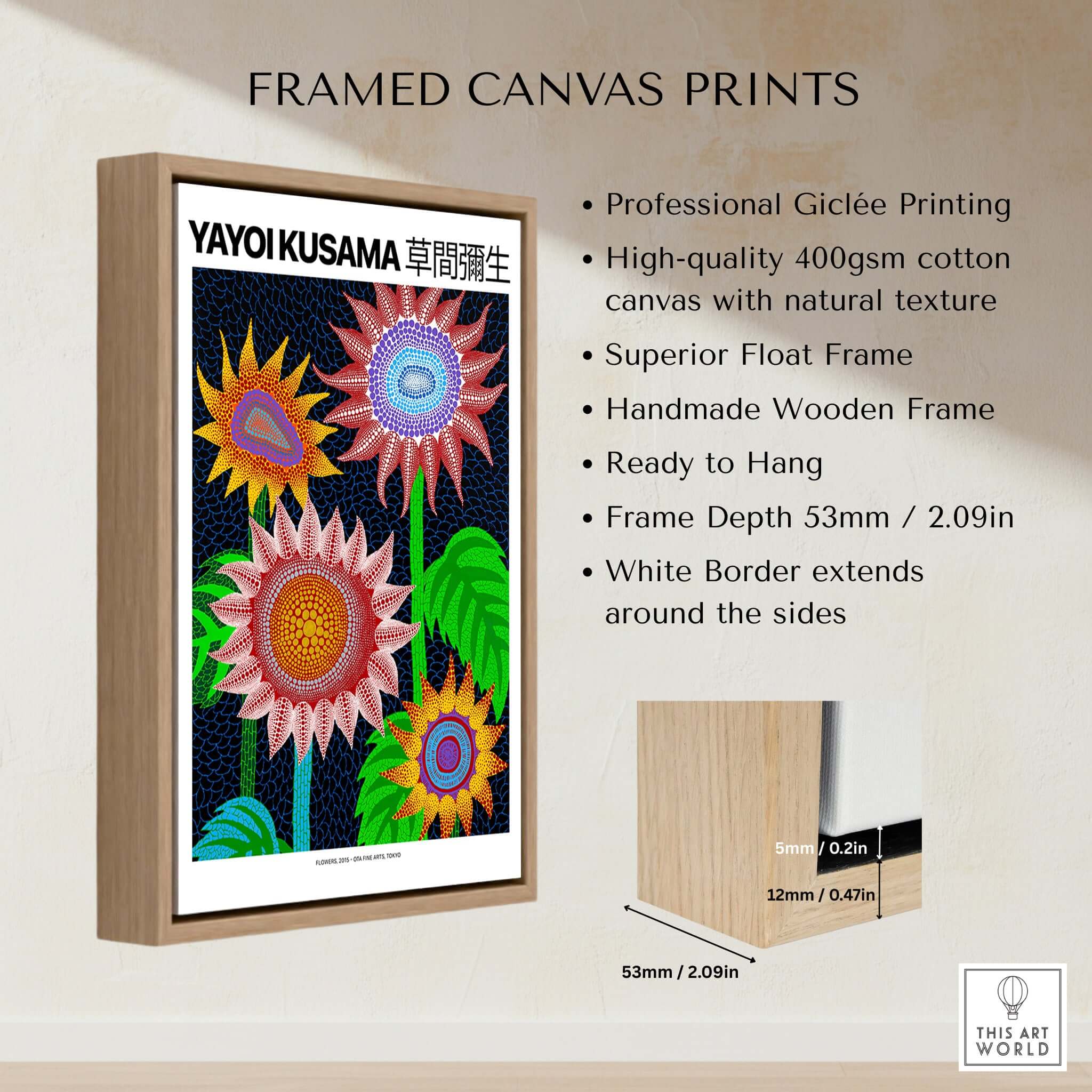 Yayoi Kusama Colorful Flowers 2015 Tokyo Art Print Poster Contemporary Polka Dot Wall Art in a framed canvas print.