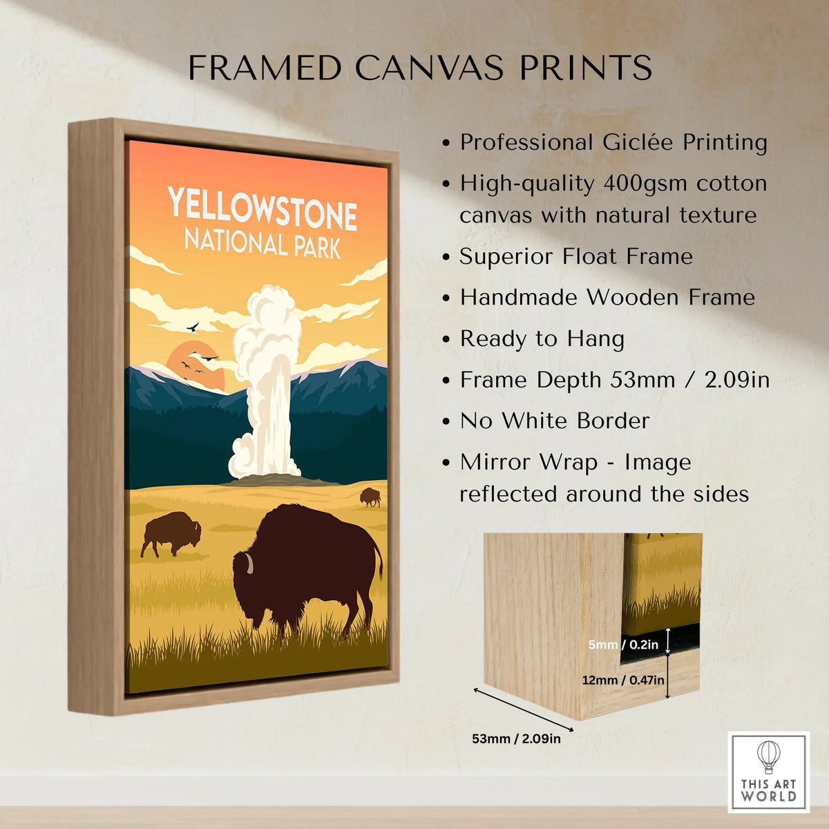 Yellowstone National Park framed canvas print with bison, geyser, and float frame details