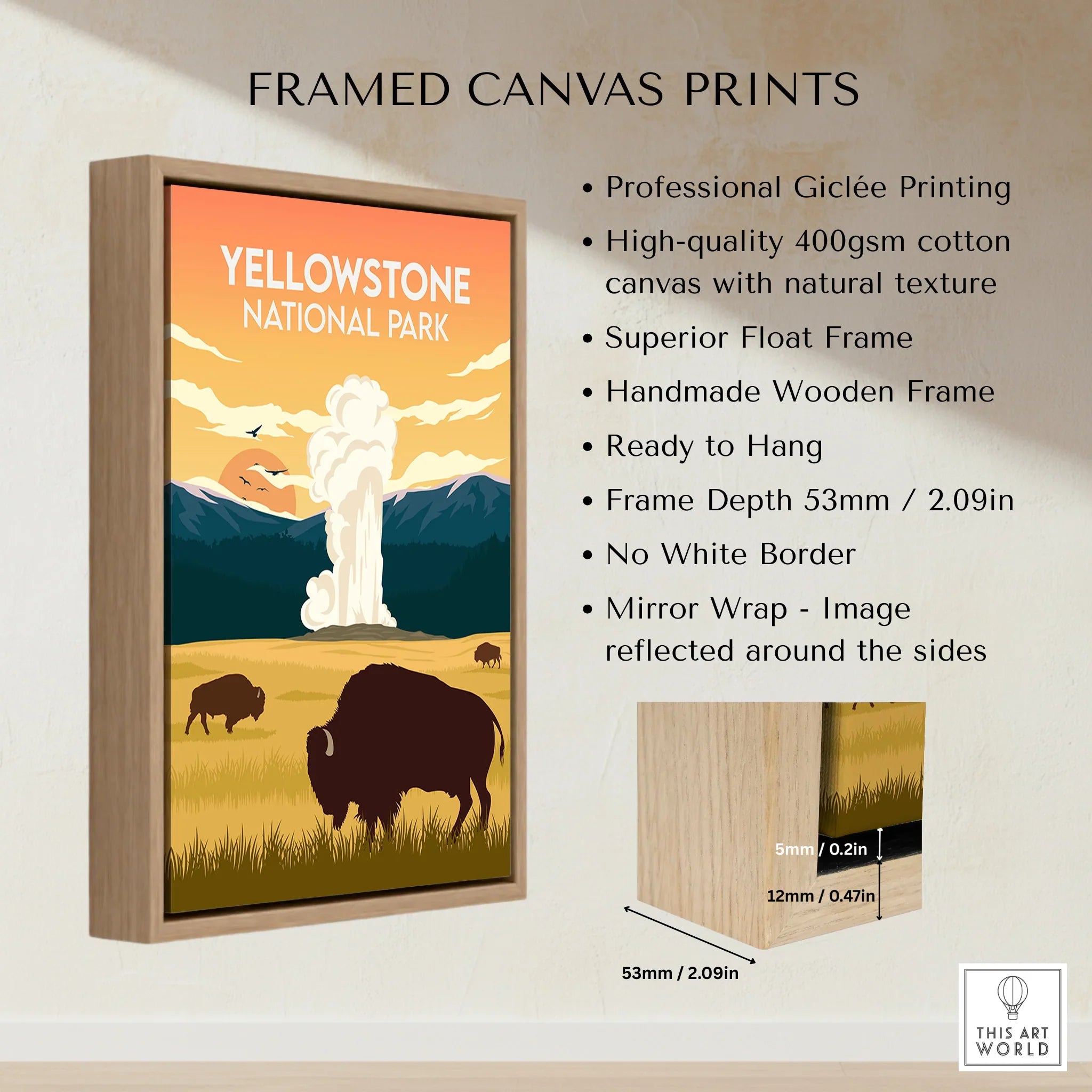 Yellowstone National Park framed canvas print with bison, geyser, and float frame details