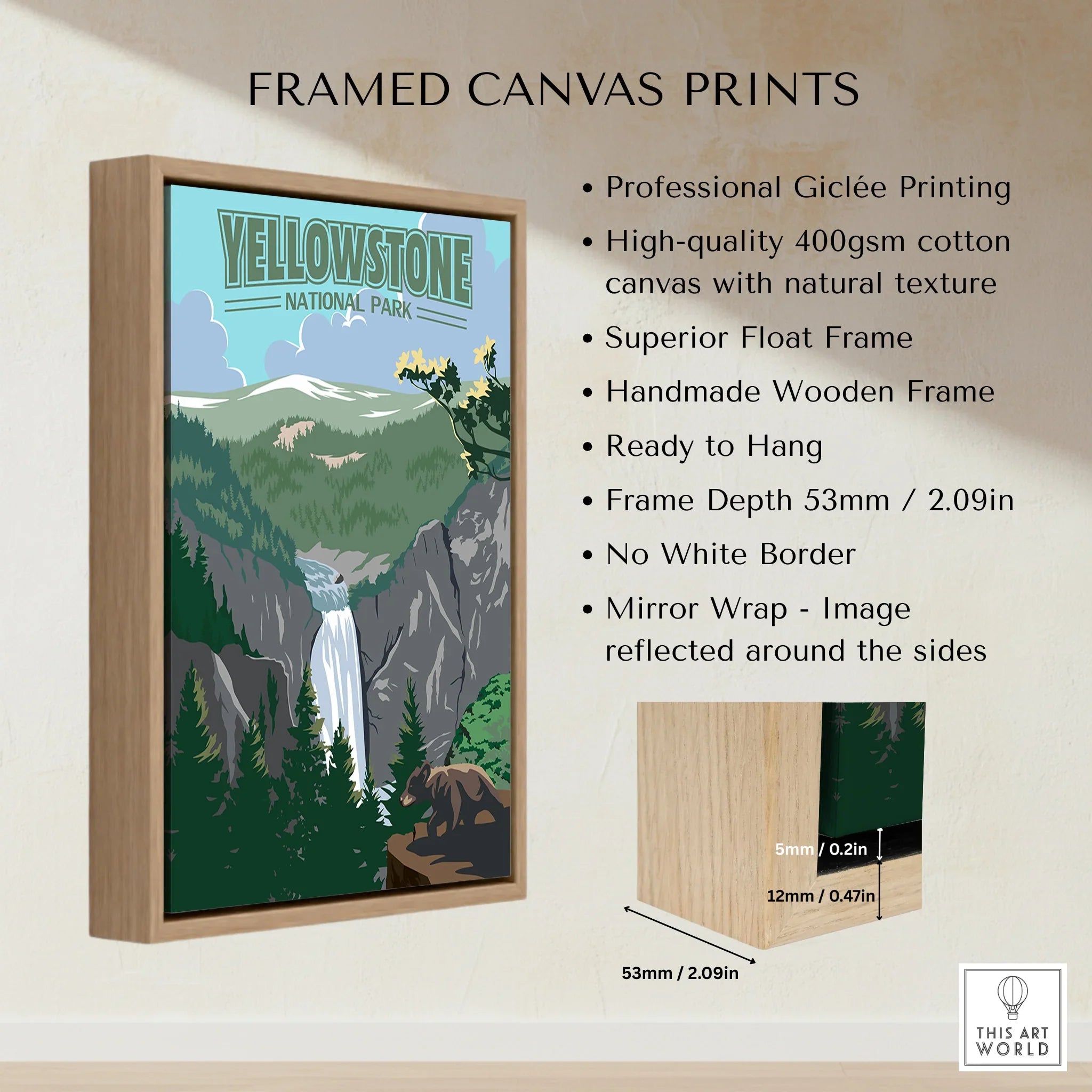 Yellowstone National Park framed canvas print with mountain, waterfall, and forest art