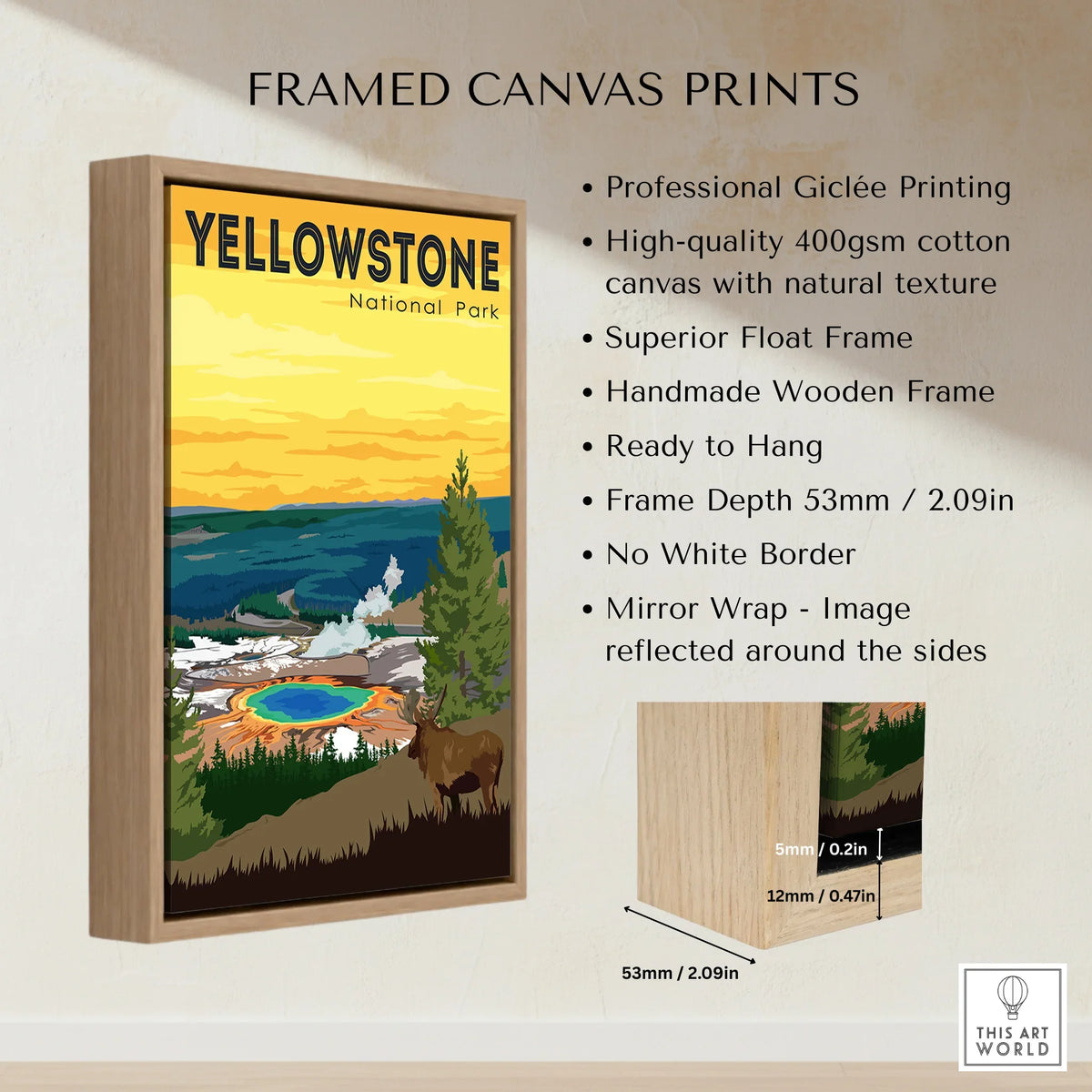Yellowstone National Park framed canvas print with float frame, wooden border, and nature art