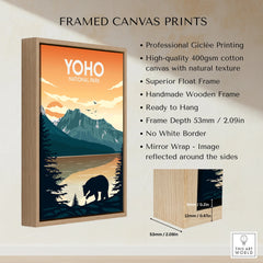 Framed canvas print of Yoho National Park with mountain, lake, and bear, float wooden frame details.