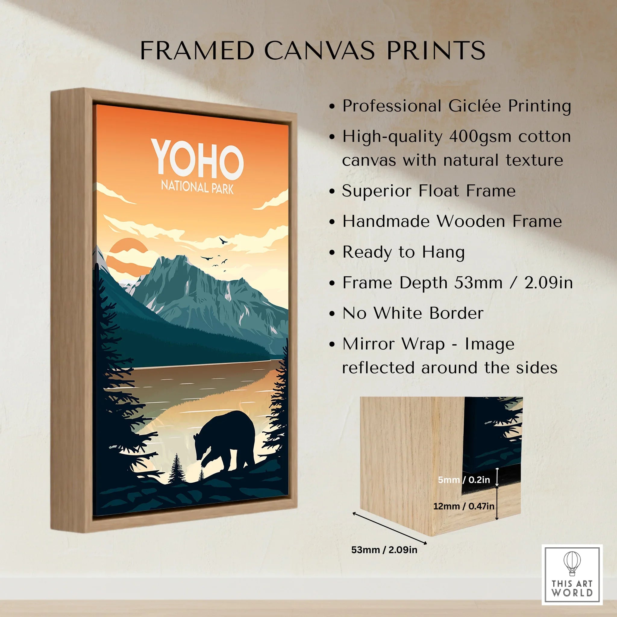 Framed canvas print of Yoho National Park with mountain, lake, and bear, float wooden frame details.
