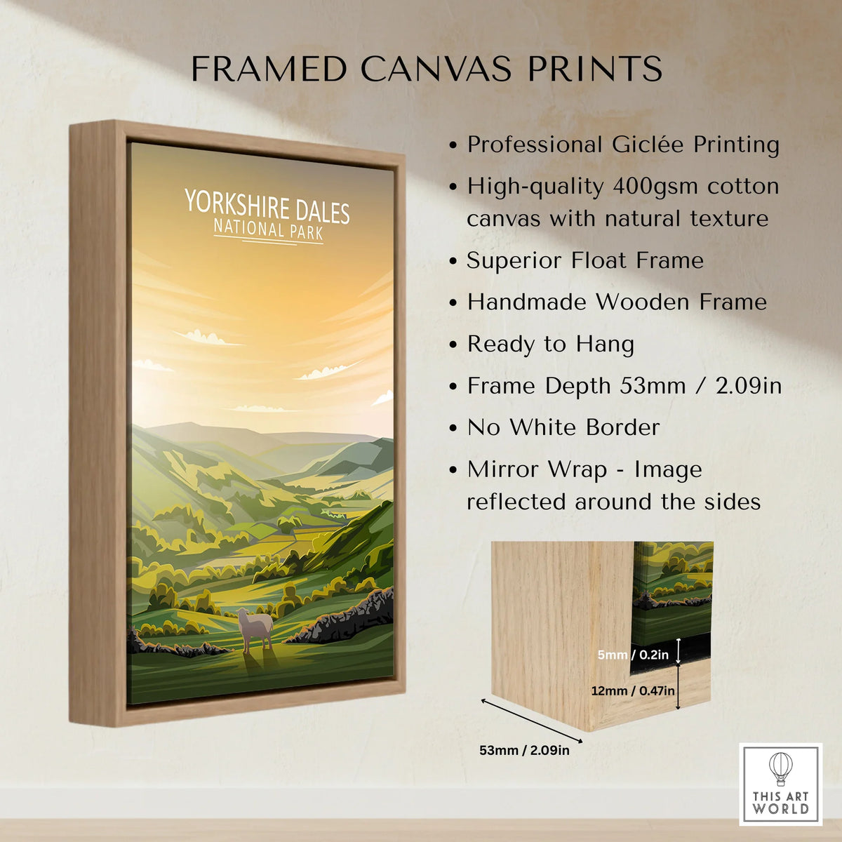 Yorkshire Dales National Park framed canvas print with float wooden frame and scenic landscape art
