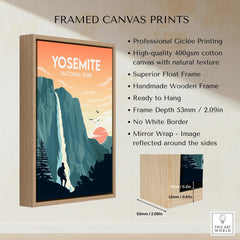 Framed Yosemite National Park canvas print with float wooden frame and sunset landscape.