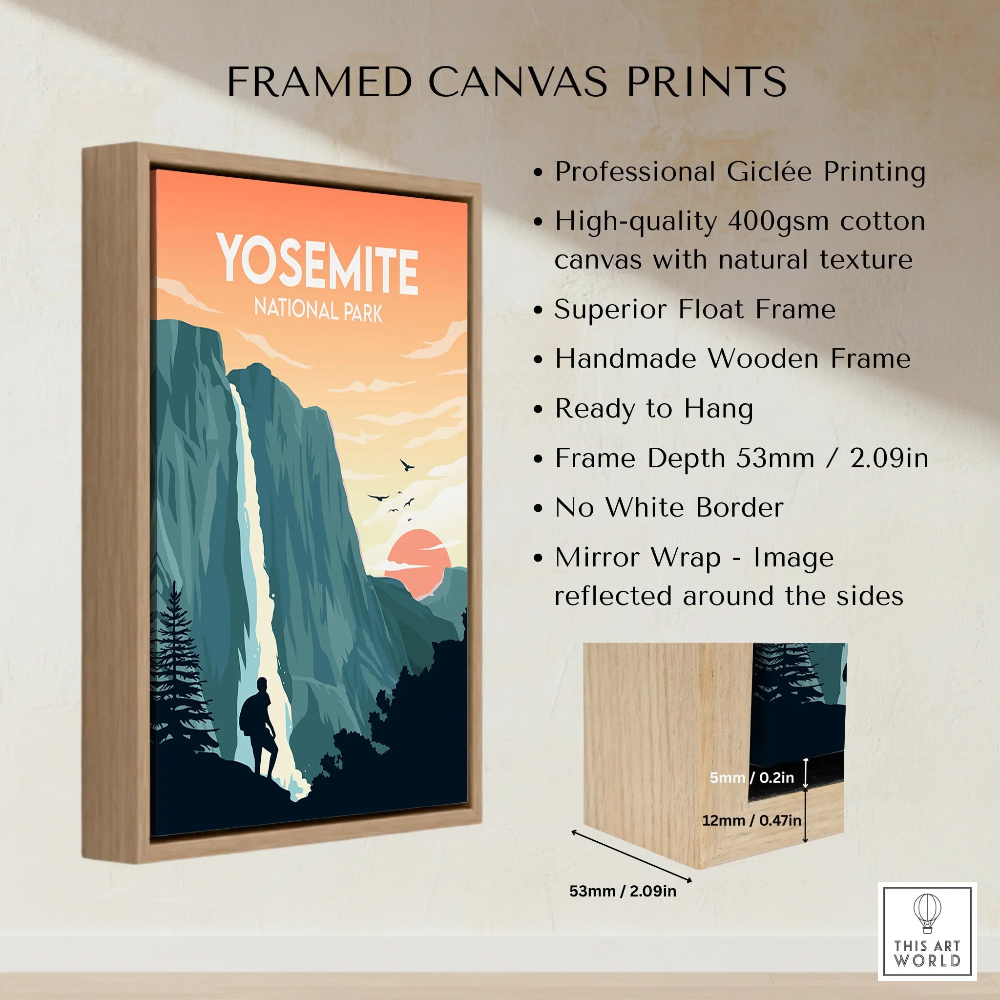 Framed Yosemite National Park canvas print with float wooden frame and sunset landscape.