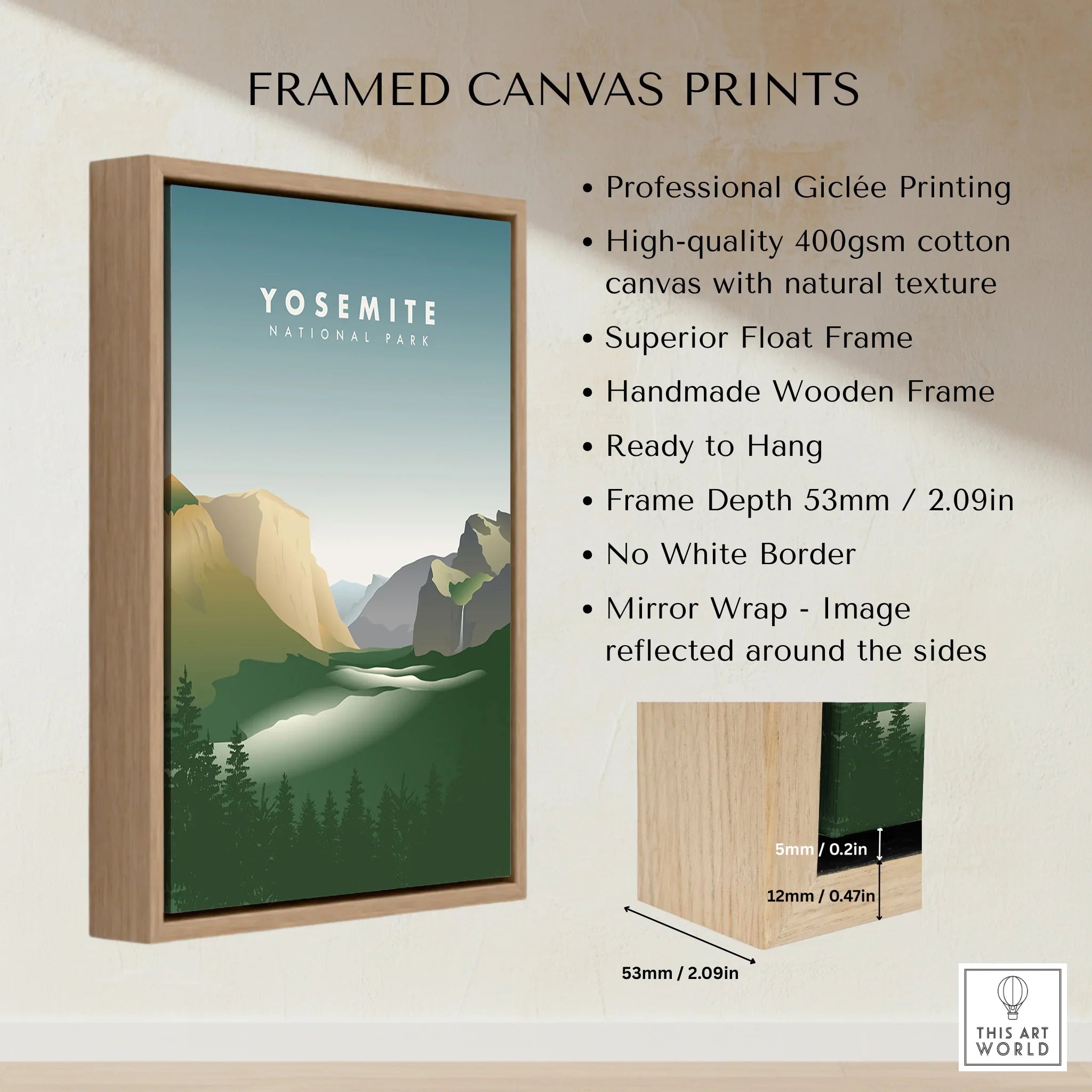 Framed Yosemite National Park canvas print with float wooden frame and mountain artwork.