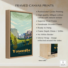 Framed Yosemite National Park travel poster on canvas with float frame details and specs