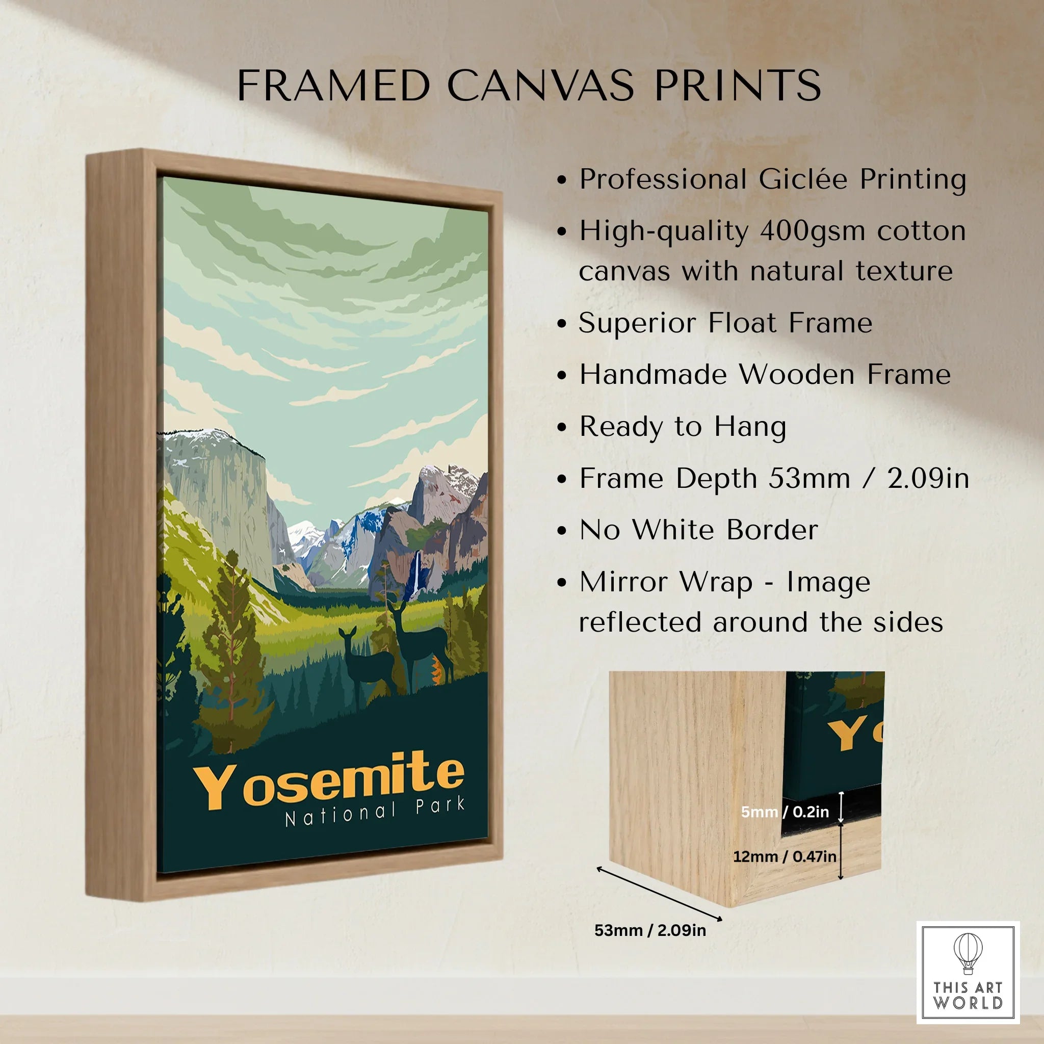 Framed Yosemite National Park travel poster on canvas with float frame details and specs