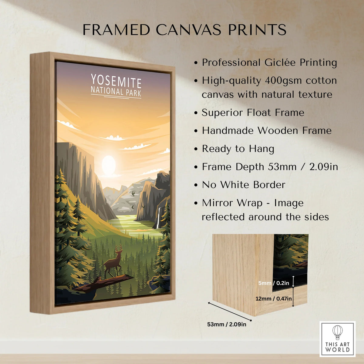 Yosemite National Park framed canvas print with float frame, sunrise landscape, and deer.