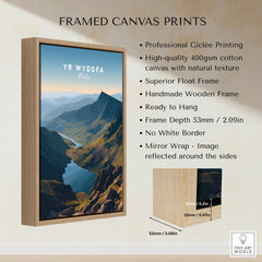 Framed canvas print of Yr Wyddfa, Wales with mountain landscape and wooden float frame details.