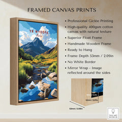 Framed canvas print of Yr Wyddfa Wales mountain landscape with float frame and stream artwork.