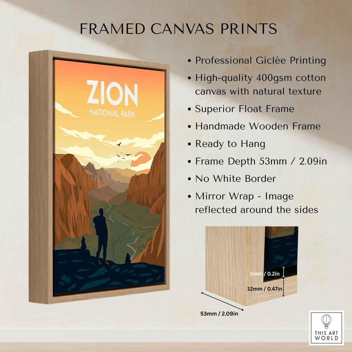 Framed canvas wall art featuring Zion National Park landscape with wooden float frame details