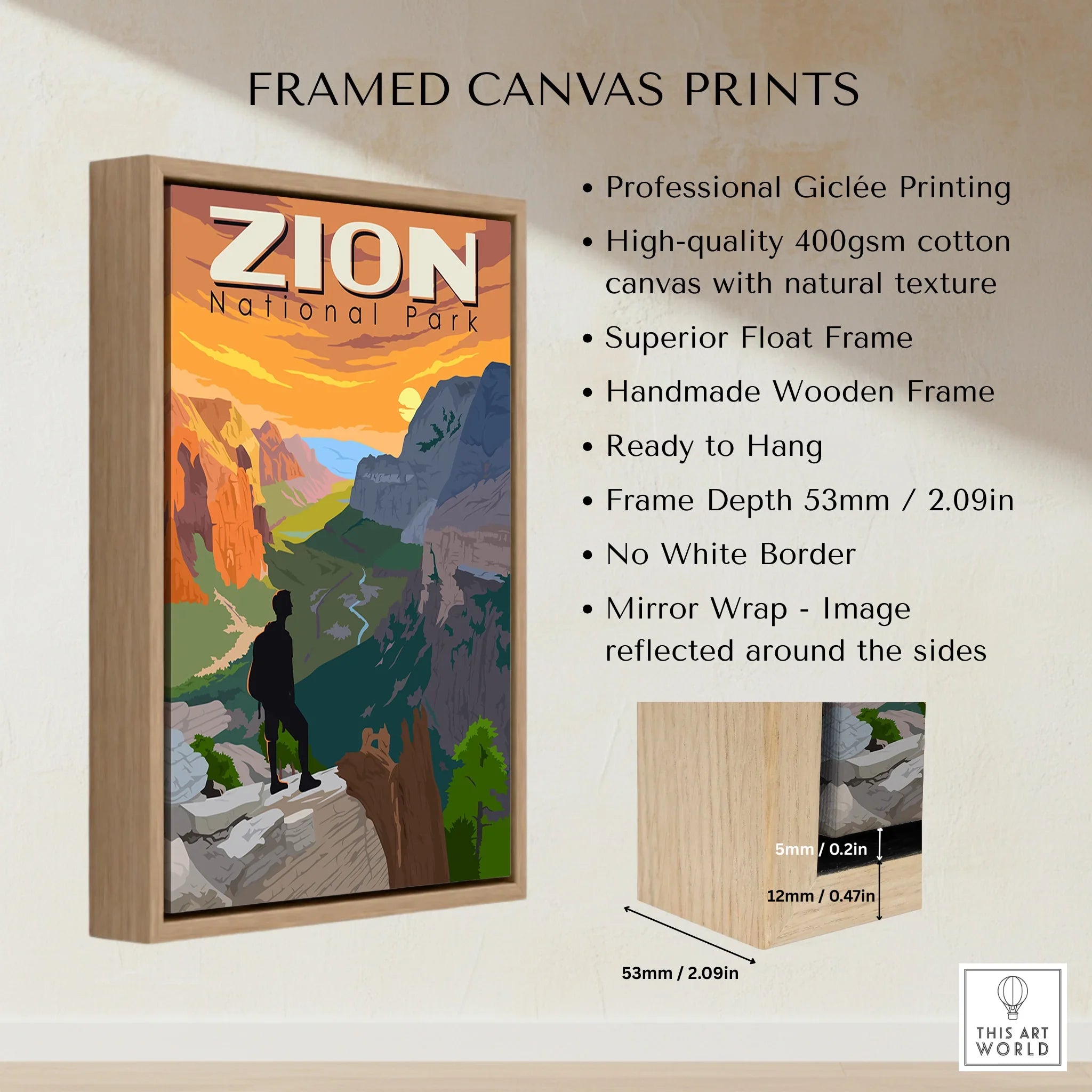 Framed Zion National Park canvas print with wooden float frame and hiker illustration