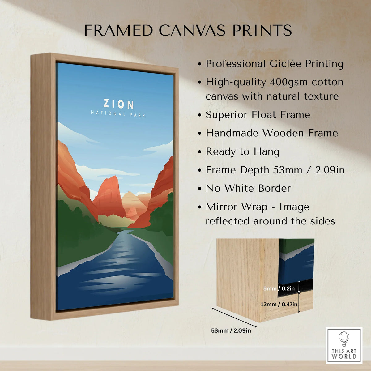 Framed Zion National Park canvas print with float frame and dimension details.
