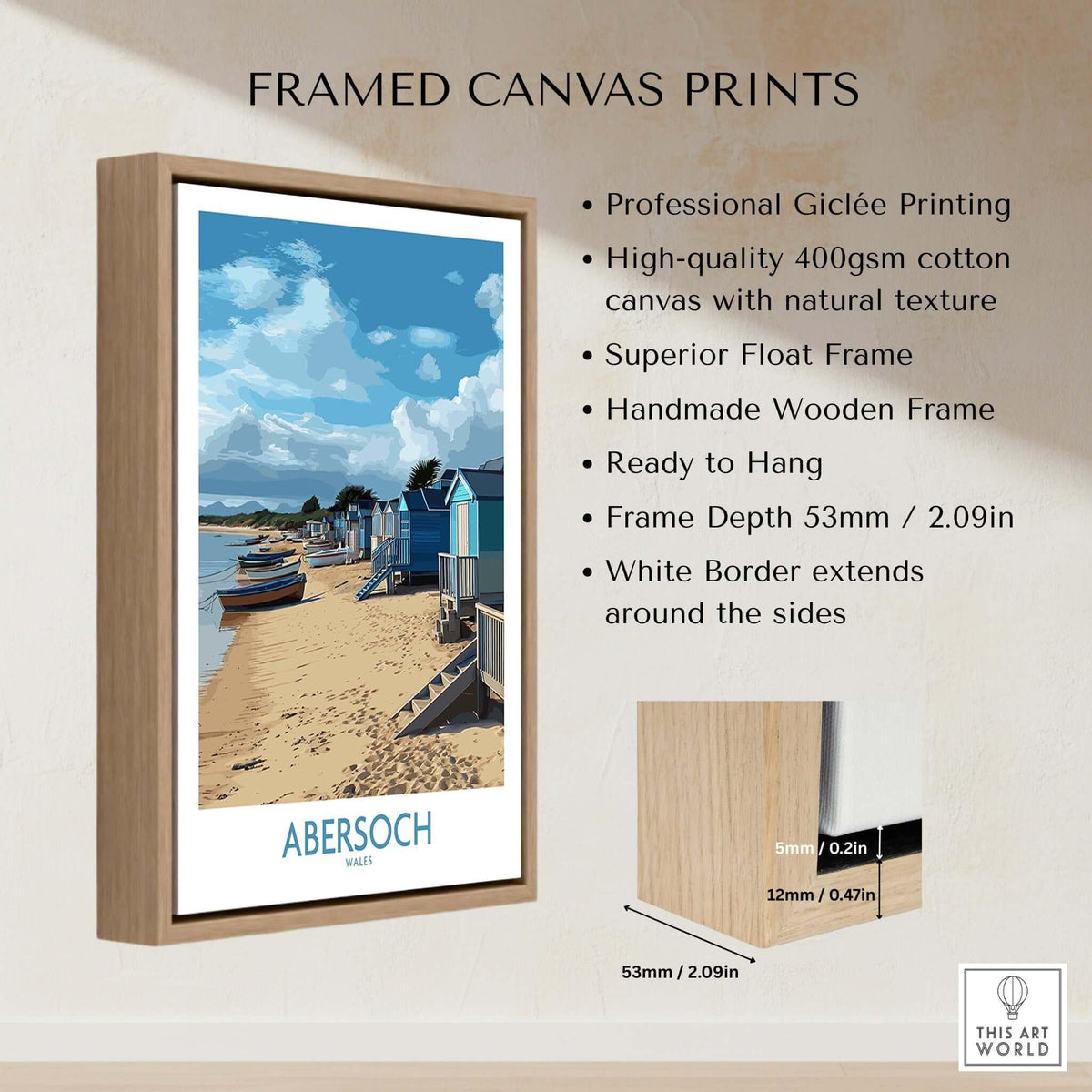 Abersoch Wales Beach Huts Art Print | Coastal Boats Wall Decor Poster framed canvas print showcasing colorful beach huts and boats.