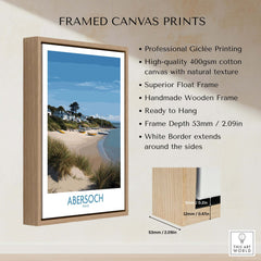 Abersoch Wales Sand Dunes Beach Art Print | Sailboats Coastal Wall Decor showcased on a wooden frame, ready to hang.