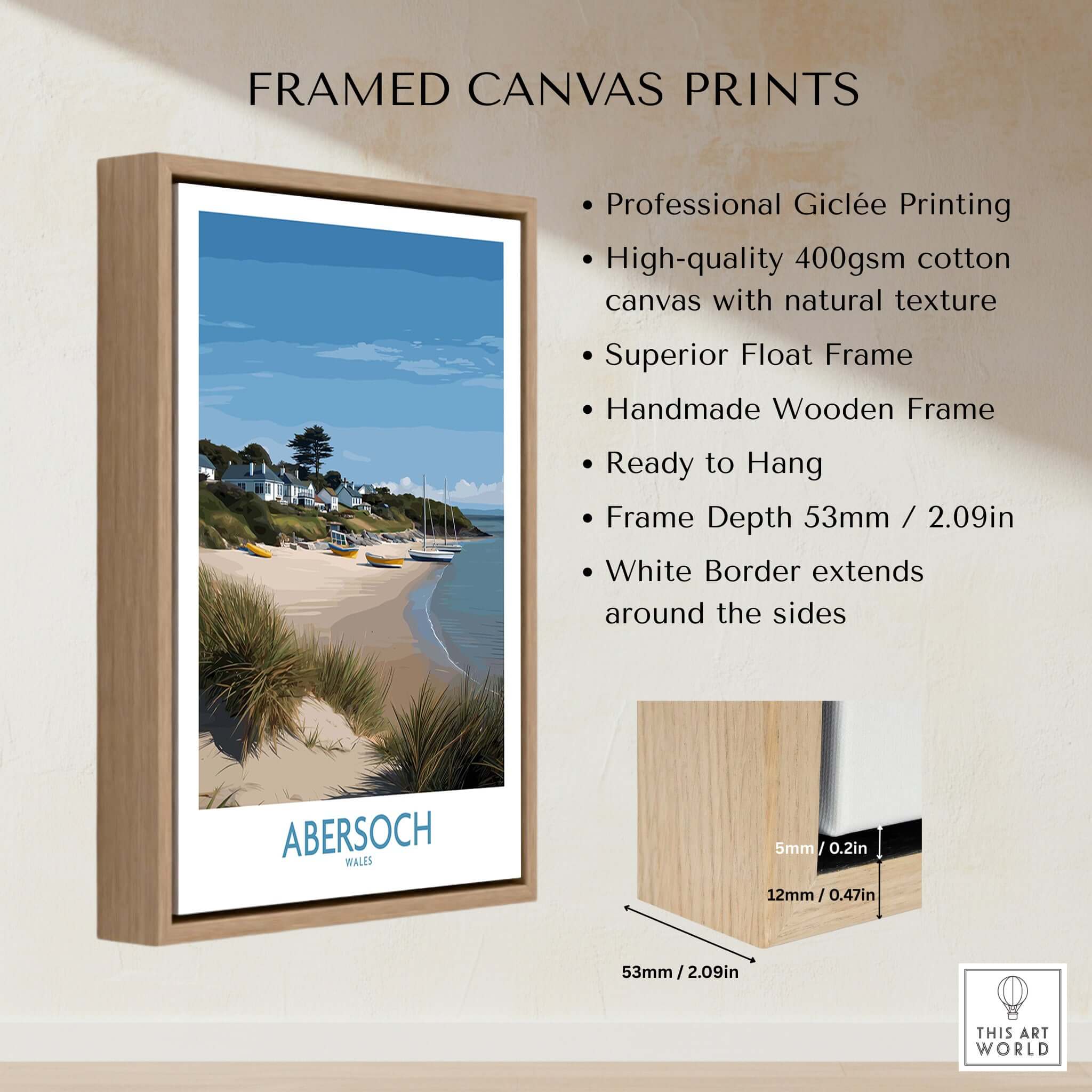 Abersoch Wales Sand Dunes Beach Art Print | Sailboats Coastal Wall Decor showcased on a wooden frame, ready to hang.