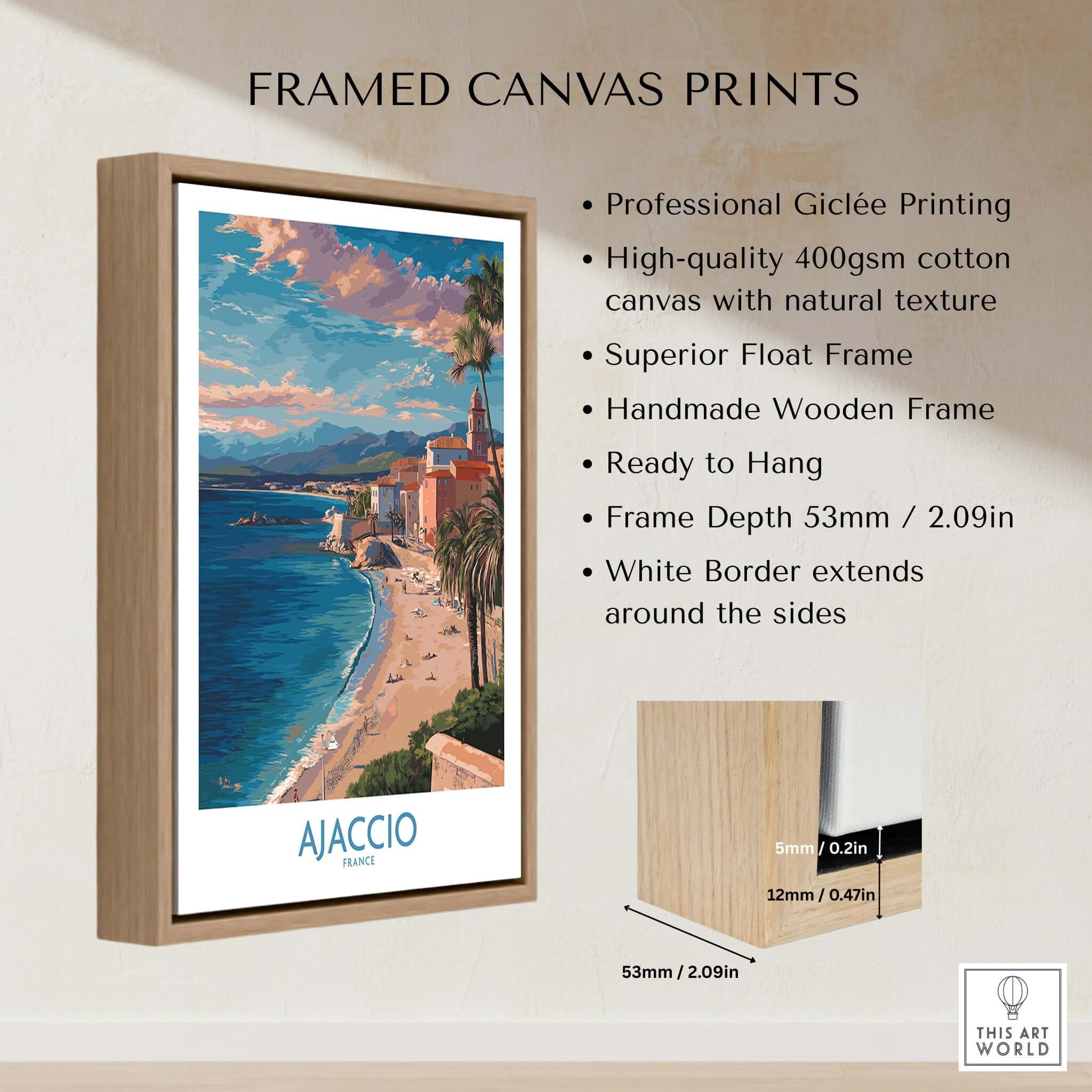 Ajaccio France Coastal Beach Art Print | Corsica Sunset City Poster framed canvas print showcasing coastal beauty.