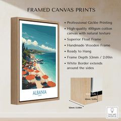 Albania Art Print | Beach Poster framed in a wooden float frame showcasing a serene coastal scene.
