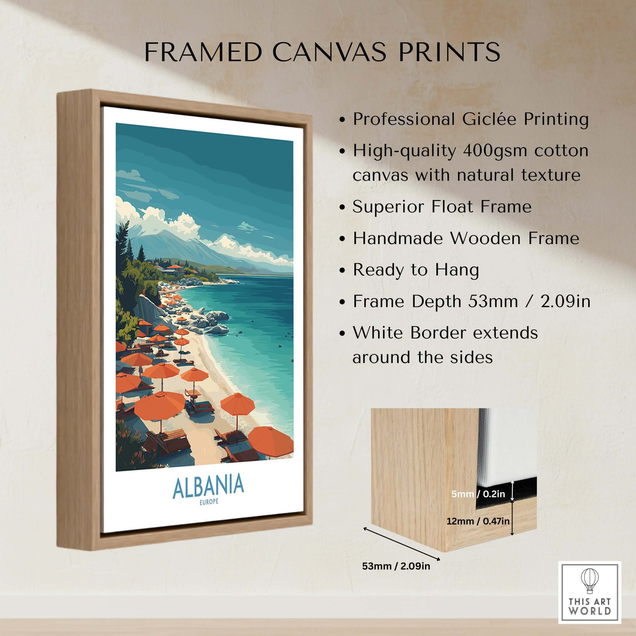 Albania Art Print | Beach Poster framed in a wooden float frame showcasing a serene coastal scene.