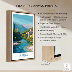 Albania Historic Stone Bridge Art Print | Mountain River Landscape Poster in a framed canvas with natural texture.