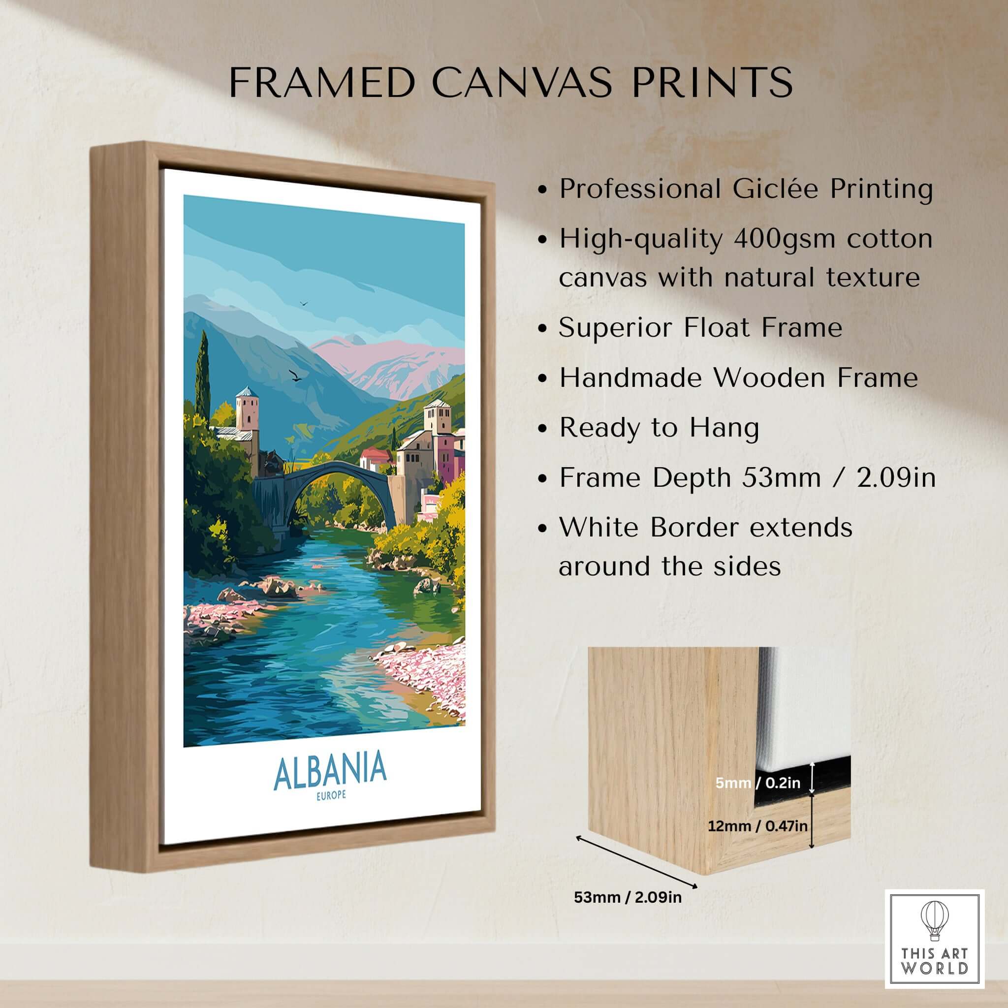 Albania Historic Stone Bridge Art Print | Mountain River Landscape Poster in a framed canvas with natural texture.