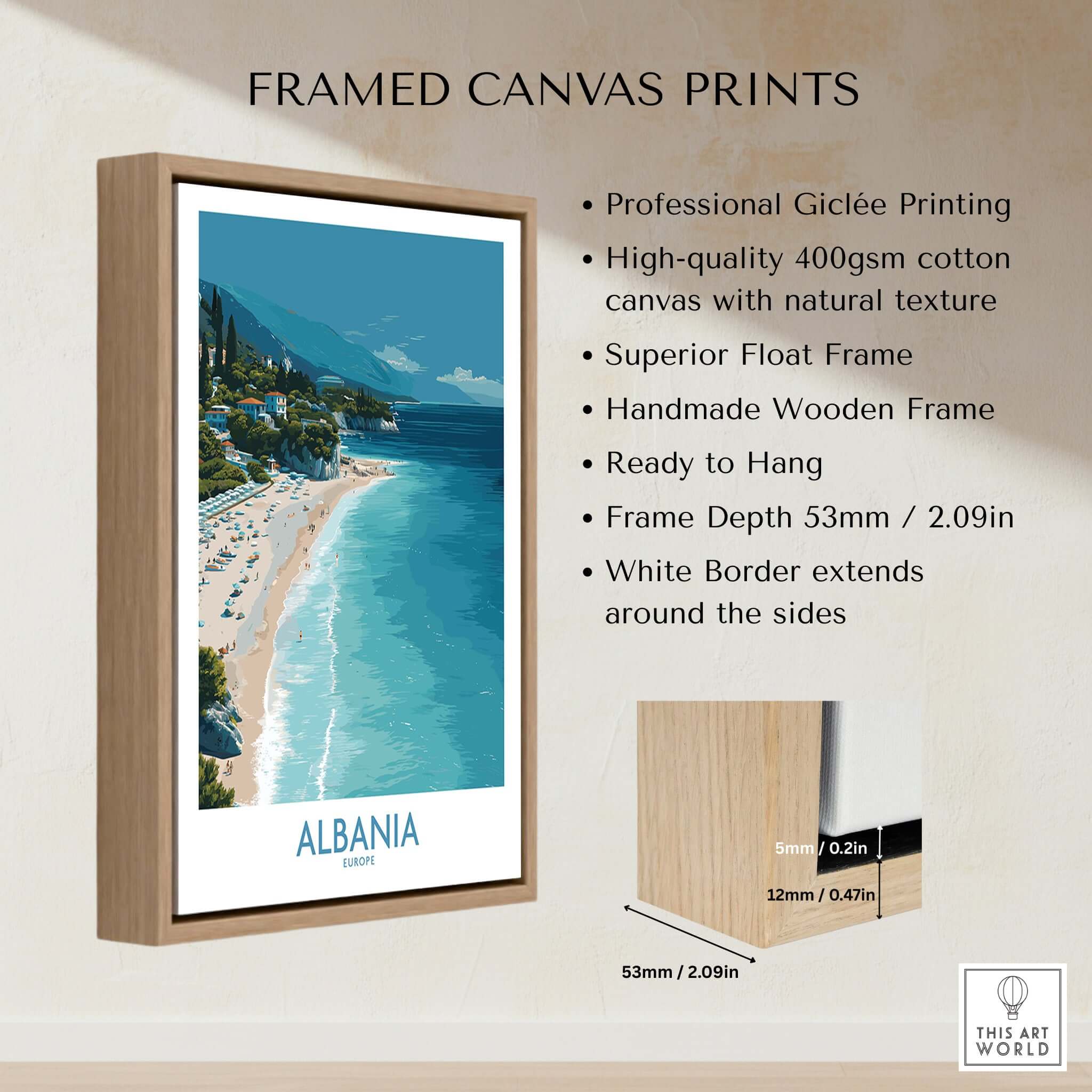 Albania Art Print | Turquoise Water Coastal Wall Decor with framed canvas showcasing turquoise beach scenery.
