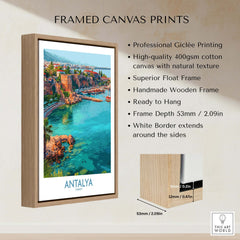Antalya Turkey Old Harbor Art Print | Mediterranean Bay Travel Poster framed canvas print showcasing vibrant coastal scenery.