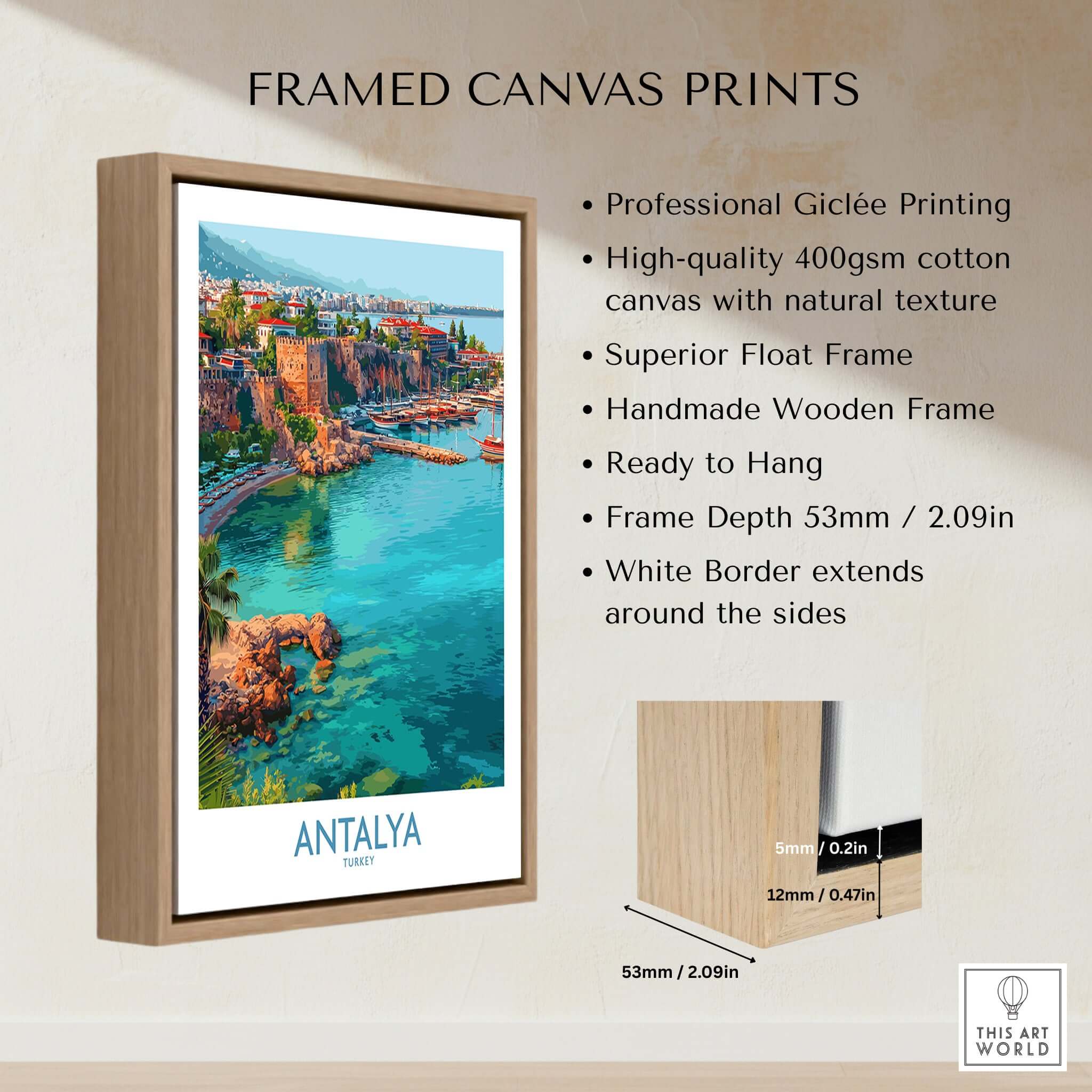 Antalya Turkey Old Harbor Art Print | Mediterranean Bay Travel Poster framed canvas print showcasing vibrant coastal scenery.