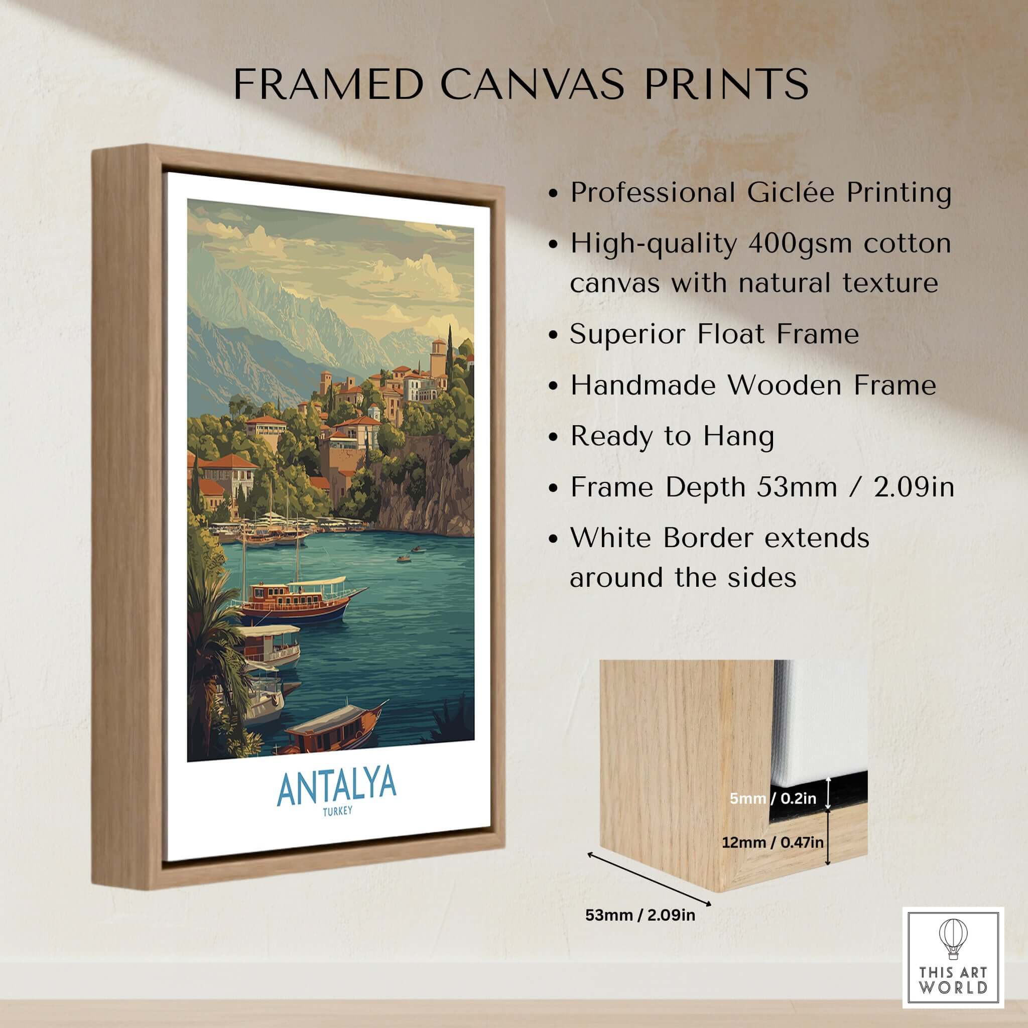 Antalya Turkey Harbour Cliff Art Print | Taurus Mountains View Poster framed canvas print with natural textures