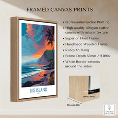 Big Island Hawaii Sunset Beach Art Print | Tropical Palm Tree Poster displayed in a handmade wooden frame.