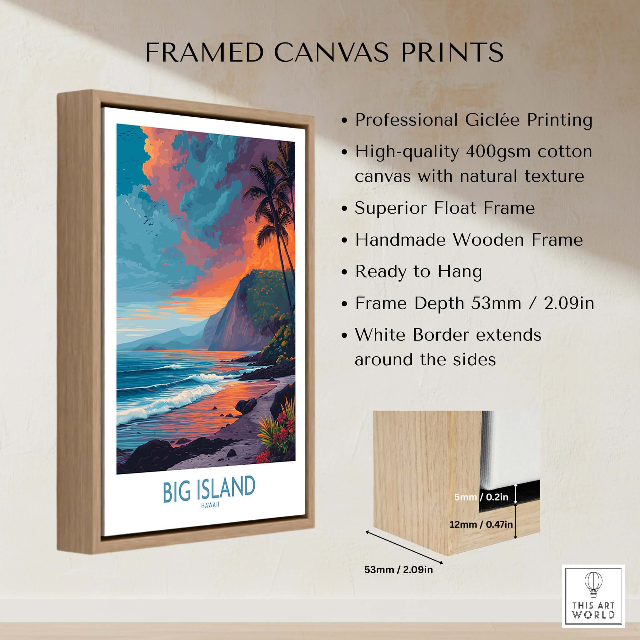 Big Island Hawaii Sunset Beach Art Print | Tropical Palm Tree Poster displayed in a handmade wooden frame.