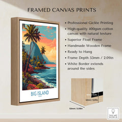 Big Island Hawaii Tropical Beach Art Print | Lush Green Coast Poster framed in a wooden float frame with vibrant colors.