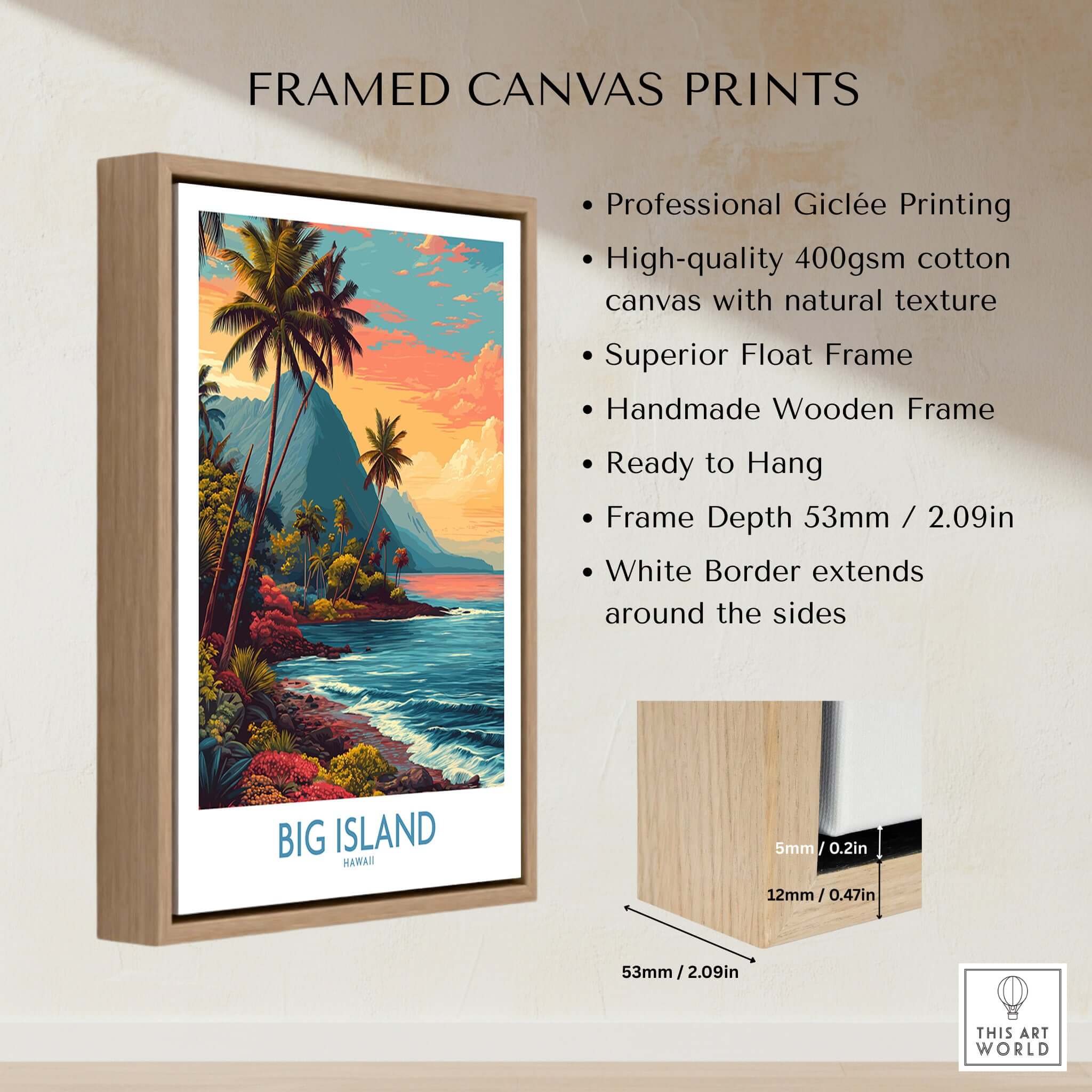 Big Island Hawaii Tropical Beach Art Print | Lush Green Coast Poster framed in a wooden float frame with vibrant colors.