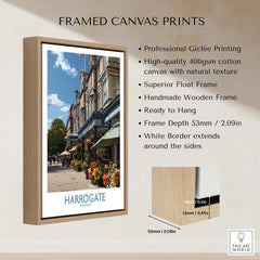 Harrogate Yorkshire Art Print | Floral Cafe Scene Poster displayed in a framed canvas print showcasing quaint village life.
