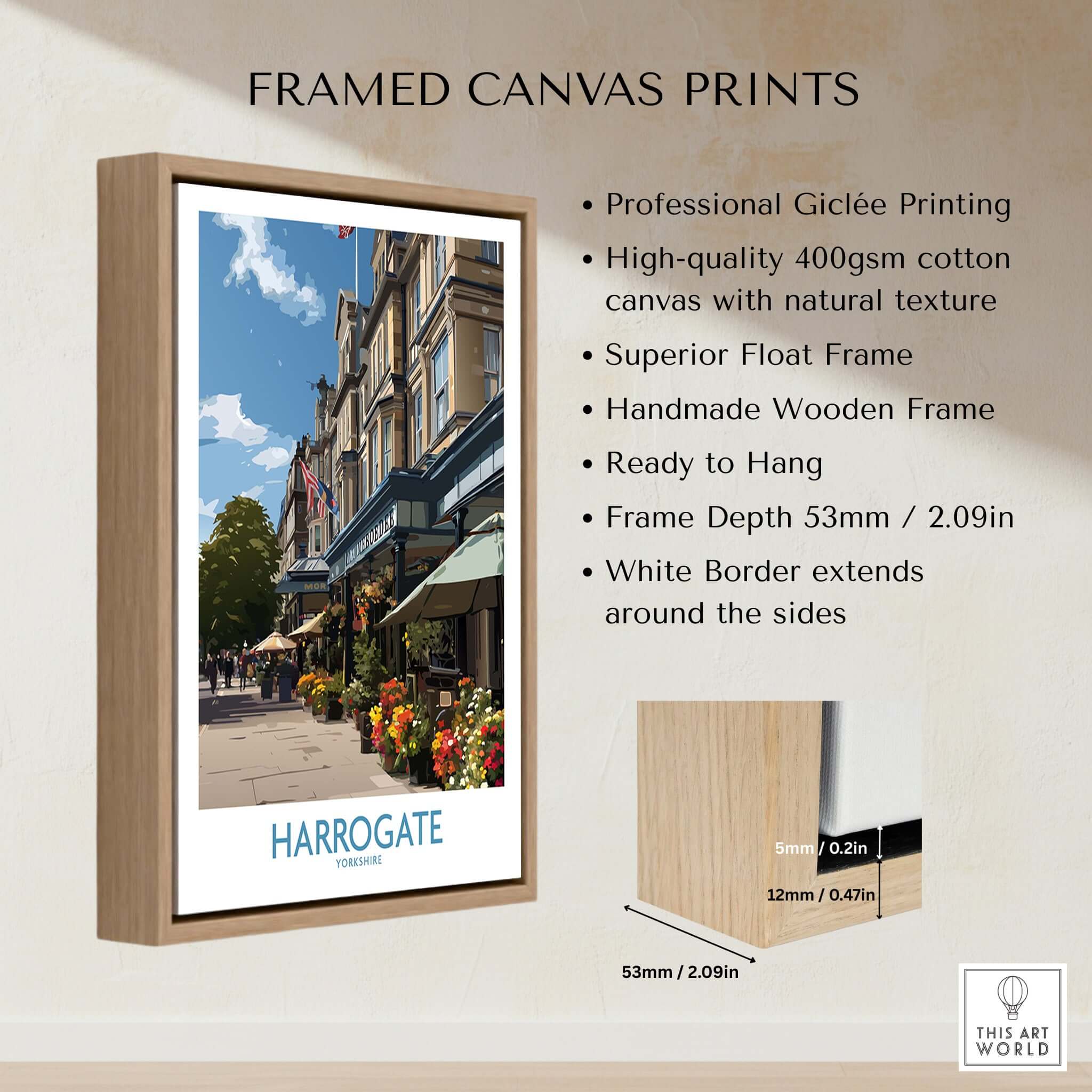 Harrogate Yorkshire Art Print | Floral Cafe Scene Poster displayed in a framed canvas print showcasing quaint village life.