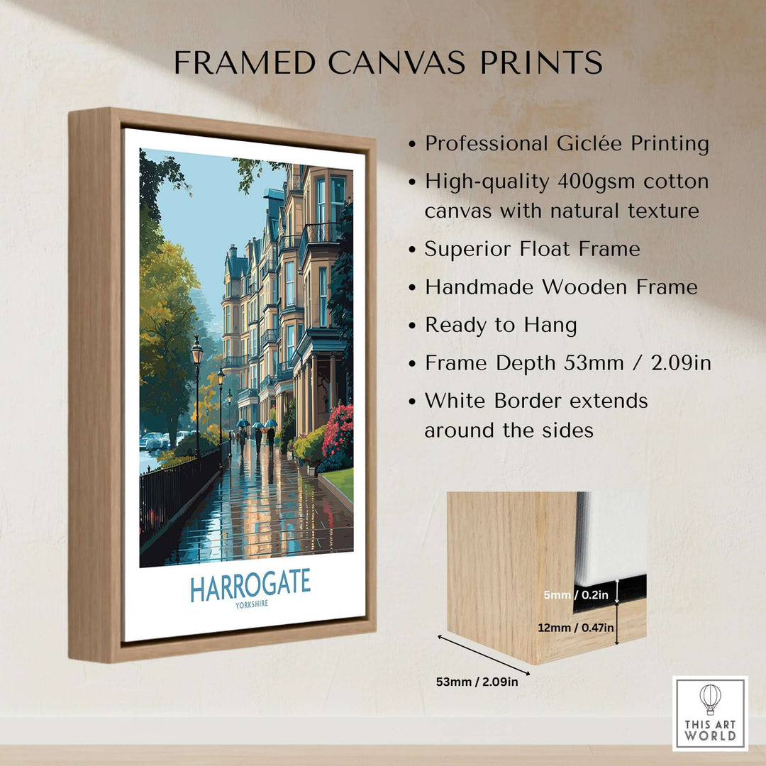 Harrogate Yorkshire Victorian Terrace Art Print | Rainy Street Poster in a framed canvas print design.