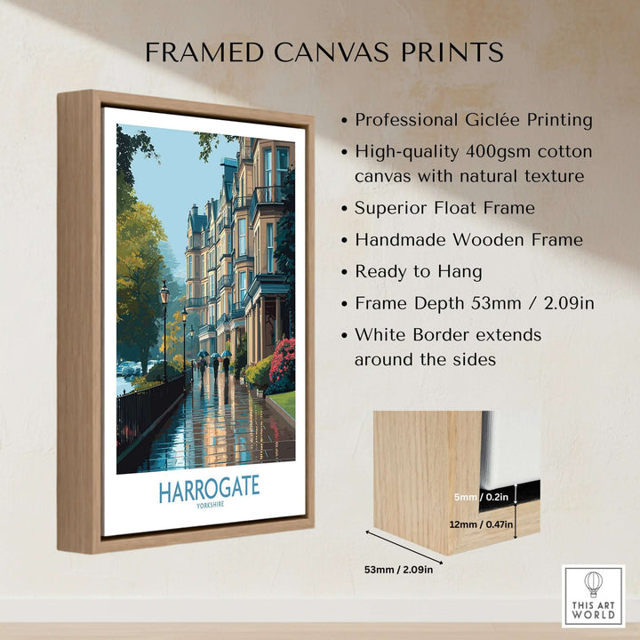 Harrogate Yorkshire Victorian Terrace Art Print | Rainy Street Poster in a framed canvas print design.
