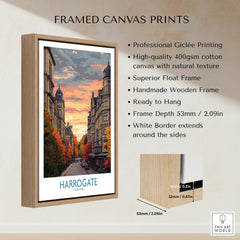 Harrogate Yorkshire Autumn Street Art Print | Sunset Avenue Poster displayed in a framed canvas with natural wood finish.