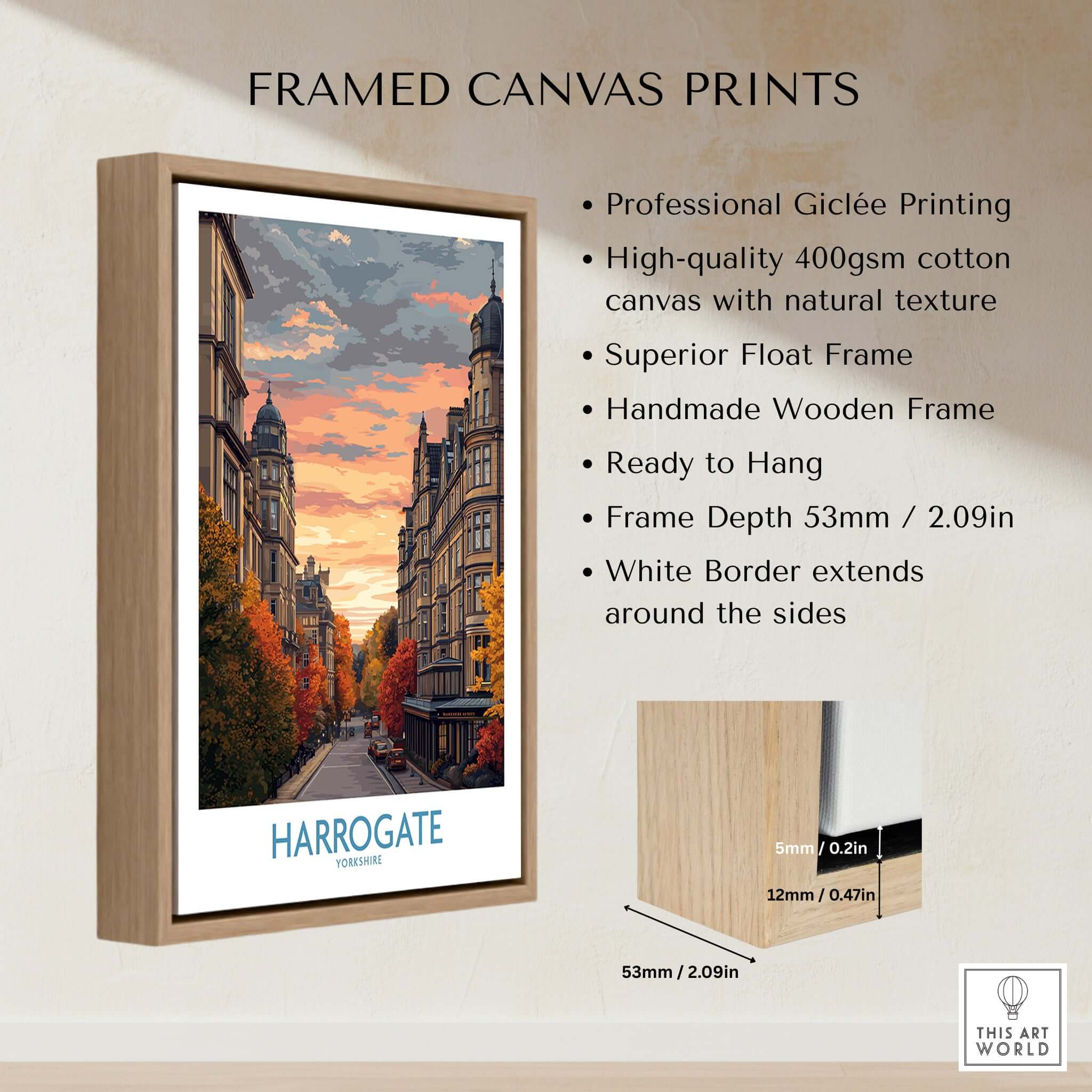 Harrogate Yorkshire Autumn Street Art Print | Sunset Avenue Poster displayed in a framed canvas with natural wood finish.