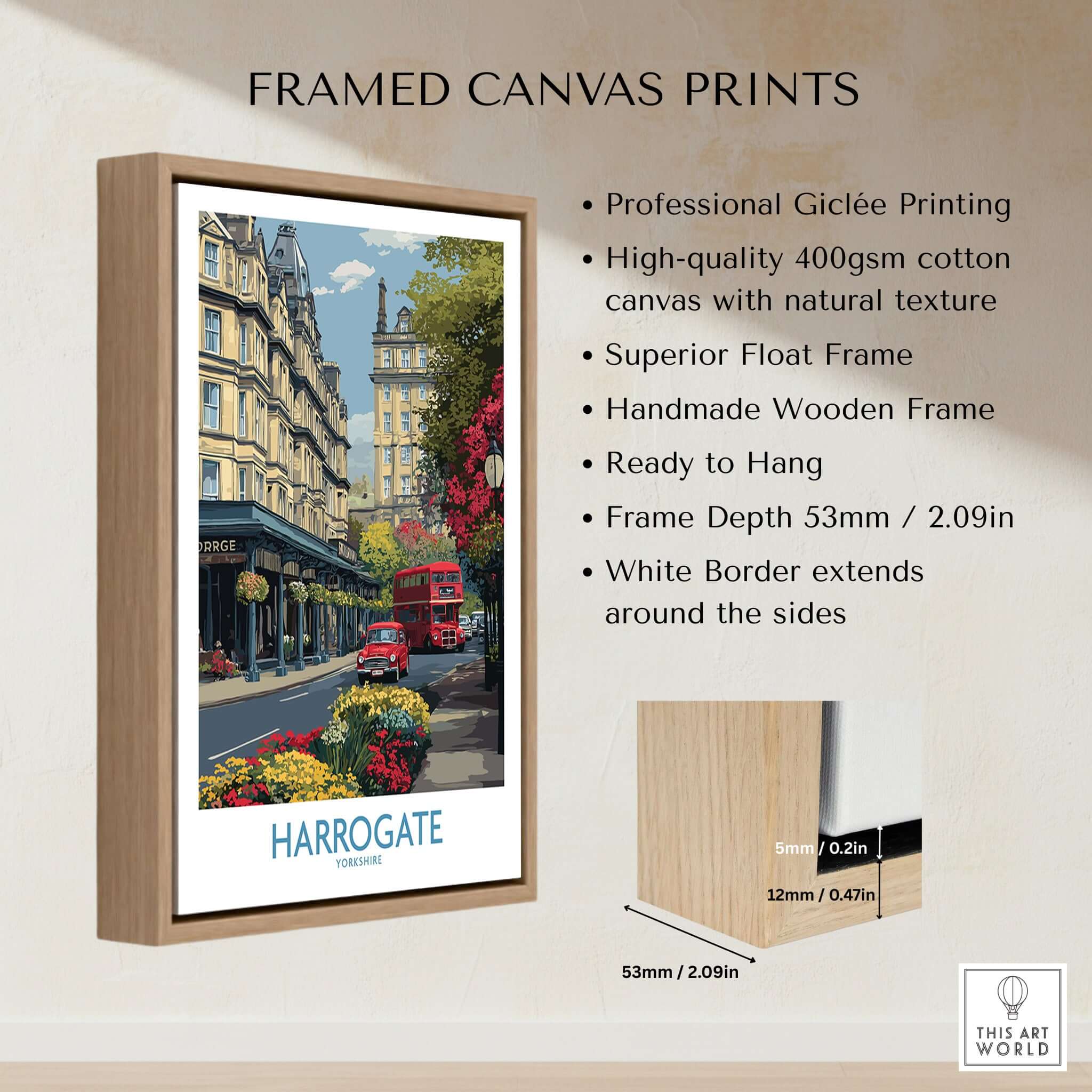 Harrogate Yorkshire Print | Floral Street Scene Poster framed with wooden float frame and professional giclée printing.