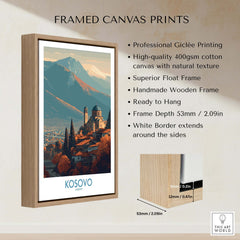 Kosovo Monastery and Mountains Art Print | Autumn Balkan Landscape Poster framed canvas print with natural texture.