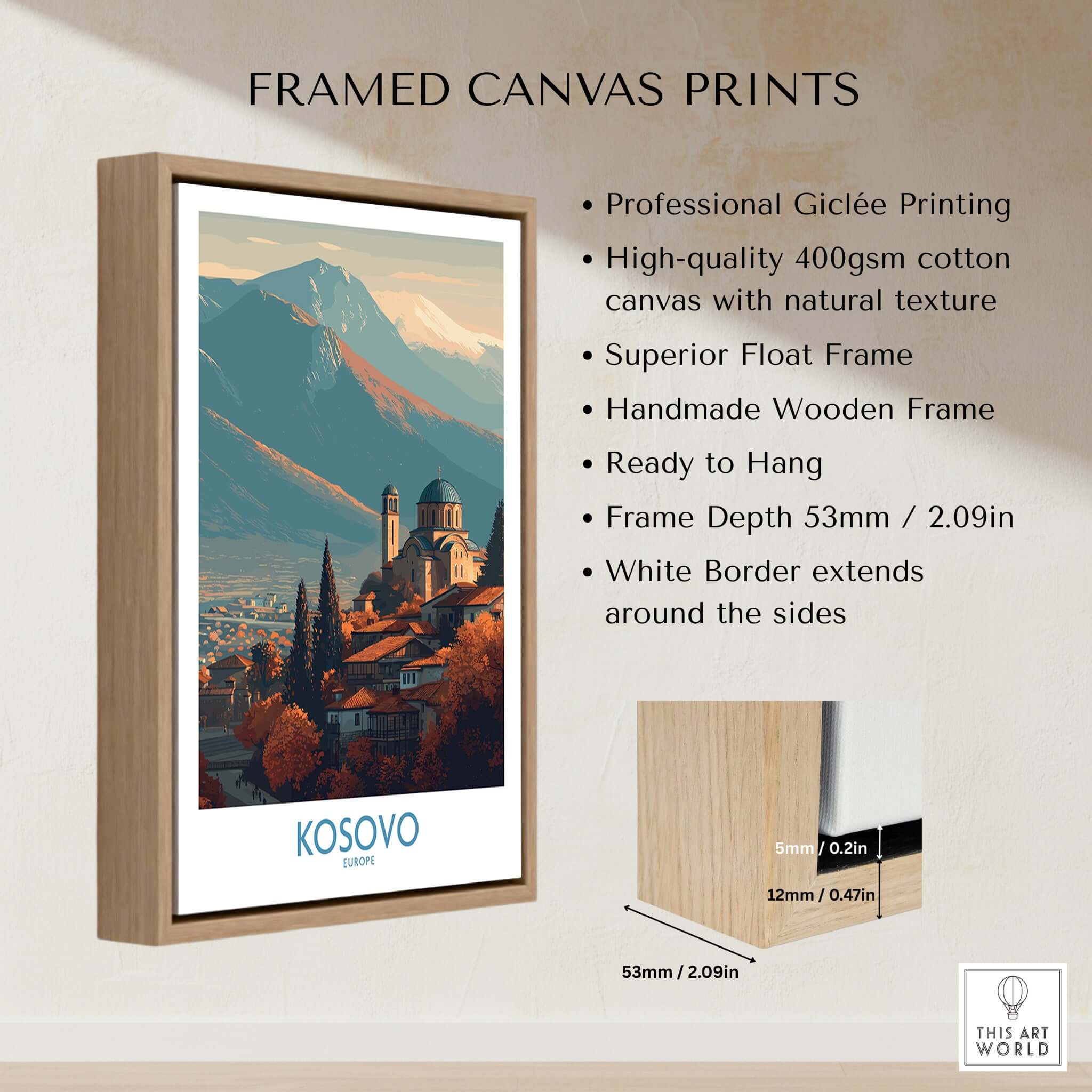 Kosovo Monastery and Mountains Art Print | Autumn Balkan Landscape Poster framed canvas print with natural texture.