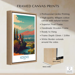 Kosovo Art Print | Snowy Mountain Balkan Poster displayed in a wooden frame with white border and professional giclée printing.